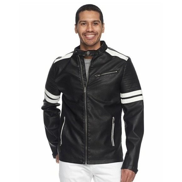 XRAY Jeans Biker Jacket Faux‎ Leather Striped Full Zip Riding Moto Coat Mens L - Picture 1 of 16